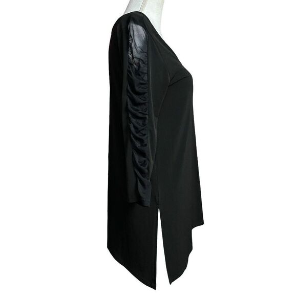 Clara Sun Woo Tunic Size XS Black V Neck Sheer Mesh Ruched Sleeve Long Lagenlook - Picture 2 of 10